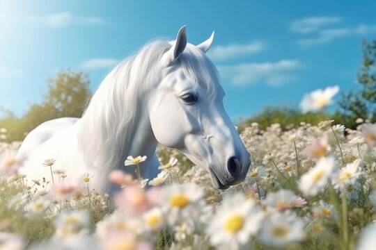 White horse on the field of flowers, AI generated
