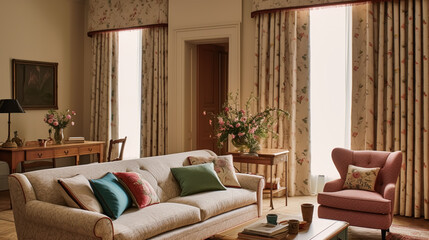 Elegant country lounge room decor, interior design and house improvement, living room furniture, sofa and home decor, countryside cottage style, generative ai