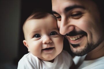 Smiling loving dad with a cute happy baby, AI generated