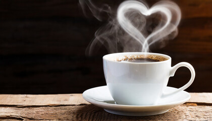 Fototapeta na wymiar Coffee cup with heart-shaped steam on rustic wood