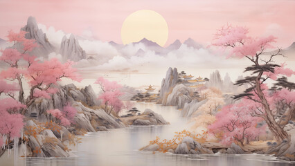 Traditional watercolor painting of China's mountains and rivers
