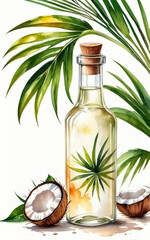 Coconut oil in a glass bottle. The product is made from coconut. Made in watercolor style. White background. AI