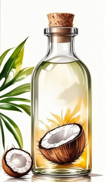 Coconut oil in a glass bottle. The product is made from coconut. Made in watercolor style. White background. AI