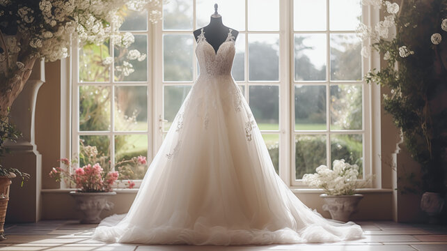 Wedding drees, bridal gown style and bespoke fashion, full-legth white tailored ball gown in showroom, tailor fitting, beauty and wedding