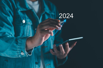 2024 new year goal concept. Hand touch goal icon, target 2023 to 2024 for preparation happy new year, start new year. Planning,opportunity, challenge, business strategy. New goal for Next Year 2024.