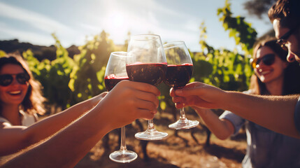 Close up of young friends toasting white wine at an outdoor dinner party, cheers at family dinner for a celebration in summer day on vacation holiday