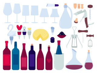 Wine production flat design set. Vector different wineglasses, red wine bottles, other sommelier tools set