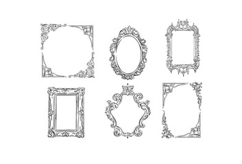 Hand drawn vector abstract outline,graphic,line art vintage baroque ornament floral frames set in minimalistic modern style.Baroque floral vintage outline design concept.Vector antique frame isolated.