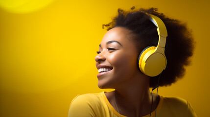 Smiling African American Woman with Headphones on Yellow Background