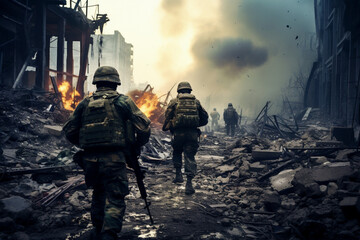 military operation in the urban sector, soldiers with weapons among destroyed houses - obrazy, fototapety, plakaty