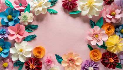 Colourful handmade paper flowers on light pink background