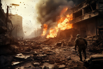 military in a destroyed city, armed conflict, attack, fighting
