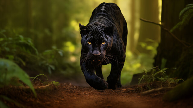 A black leopard looking for food in a dense forest