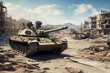 military tanks in a destroyed city, armed conflict, seizure of territories