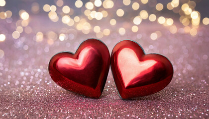 Fototapeta premium Couple of red metal hearts an a light pink glitter