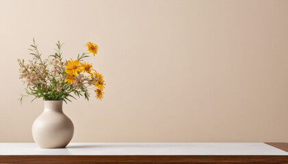 A vase with flowers on a table with a beige background