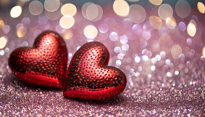 Naklejka premium Couple of red metal hearts an a light pink glitter