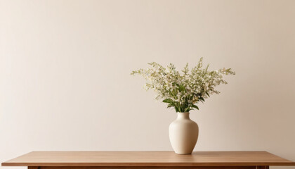 A vase with flowers on a table with a beige background