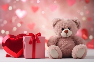 Schilderijen op glas Valentine gift, heart-shaped box, sand teddy bear greeting card © laia