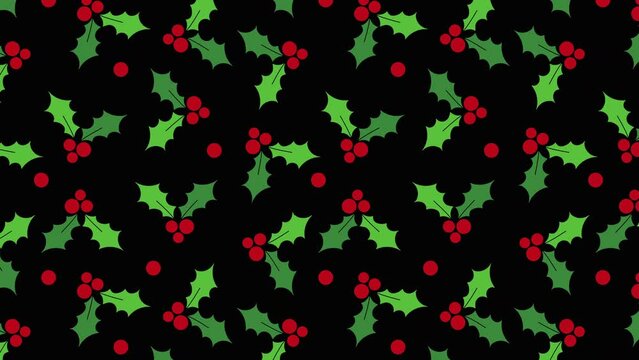 4k animated holly berries and snowflakes texture wallpaper. Flat style cute holiday motion pattern. New year and Christmas banner template vertical and horizontal pattern design. Fruits texture.