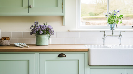 Mint cottage kitchen interior design, home decor and house improvement, English in frame kitchen cabinets in a country house - obrazy, fototapety, plakaty