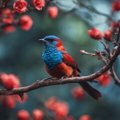 An AI illustration of a small colorful bird perches on a branch of a tree