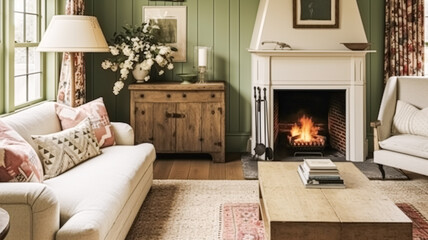 Antique cottage sitting room, green wall living room interior design and country house home decor, sofa, fireplace and lounge furniture, English countryside style