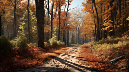 A path in a beautiful forest with warm autumn sunlight