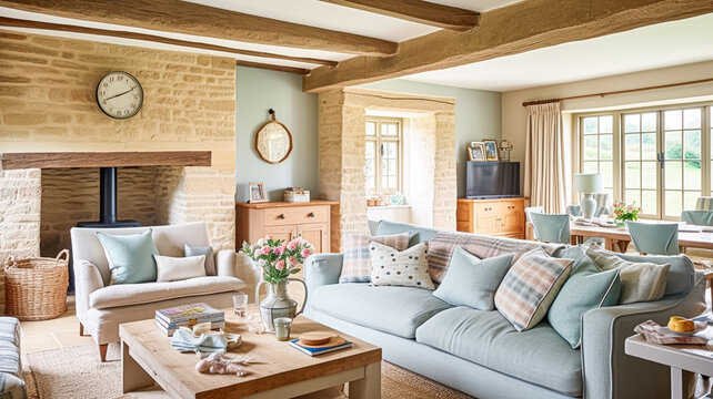 Modern cottage sitting room, living room interior design and country house home decor, sofa and lounge furniture, English Cotswolds countryside style