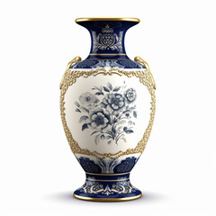 Antique vintage ceramic vase with floral print isolated on white background, country style home decor and interior design, generative ai