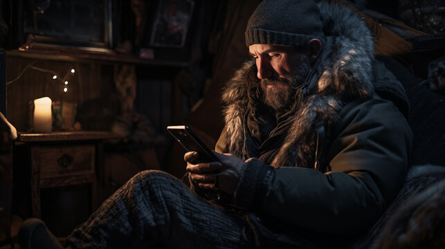 Candid photo of an elderly man dressed in warm clothes and a fur hat with horror and indignation at the electricity bills on his smartphone