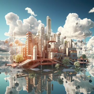 The illustration of the city floating in the clouds is colorful and vivid