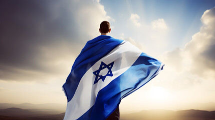 man with israel flag over bright sky background