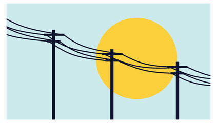 minimalist flat modern landscape design, Set of urban city backgrounds for banners, flyers, greeting cards, posters and advertisements. Vector cartoon flat illustration. utility pole silhouette sun
