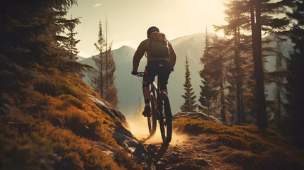 Fotobehang Male mountain biker cyclist riding a bicycle on a mountain bike trail nature outdoors © FutureStock