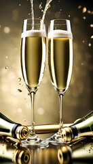 Two glasses of champagne toasting, champagne gushing from a champagne bottle