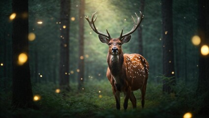 AI generated illustration of a deer in a forest with fireflies