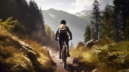 Female mountain biker cyclist riding a bicycle on a mountain bike trail nature outdoors