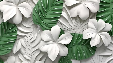 White geometric floral tropical leaves 3d tiles wall Ai generative
