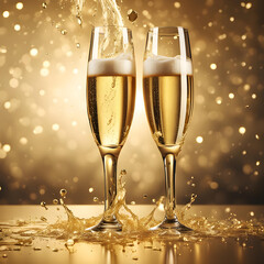 Two glasses of champagne toasting,Shining golden background