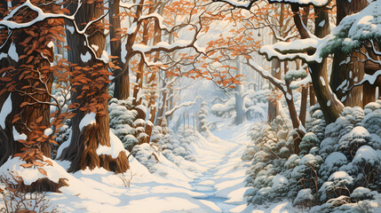 Winter, first snow, Watercolor- Christmas card