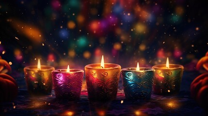 Velvet day background，Cartoon promotional illustrations of burning candles and lanterns，generated with AI.