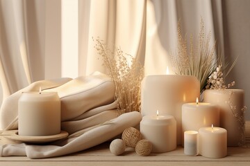 Fototapeta na wymiar Burning scented candles. The theme of comfort and coziness. Warm cozy atmosphere in pastel colors, white colors, minimalist modern spa salon interior, Scandinavian style