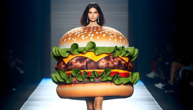 "A model in a burger-themed outfit on the fashion runway.