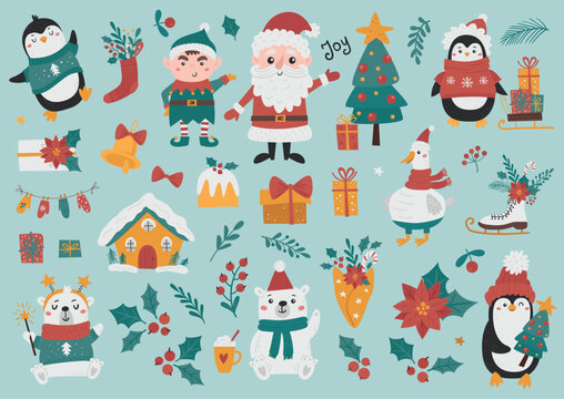 Vector set of cute Christmas penguins, bears, elf, santa claus and others.