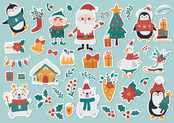 Vector set of cute Christmas labels with penguins, bears, elf, santa claus and others.