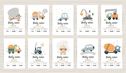 Set of baby shower invitation templates with cars. - obrazy, fototapety, plakaty