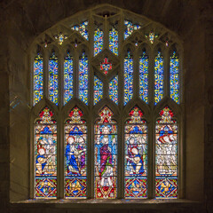 Stained glass windows in Cathedral of St Stephen in Brisbane, Australia.