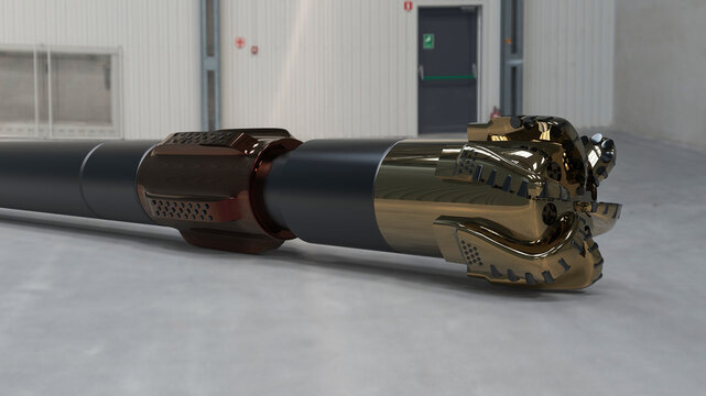 PDC drilling bit with mud motor lay down on the floor warehouse, created by 3D modeling and rendering. Its used for drilling oil well industry and technology