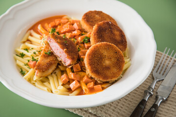 Jägerschnitzel nach DDR GDR Rezept mit Jagdwurst paniert, Makkaroni Penne Nudeln, Tomatensoße, Petersilie mit Porzellan Schale, Besteck, beige Leinen Serviette und grünen Hintergrund